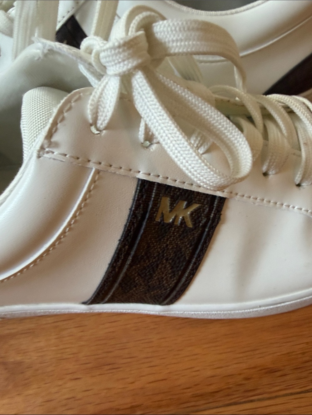 Women Michael Kors White Leather Sneakers with Brown Logo Stripe